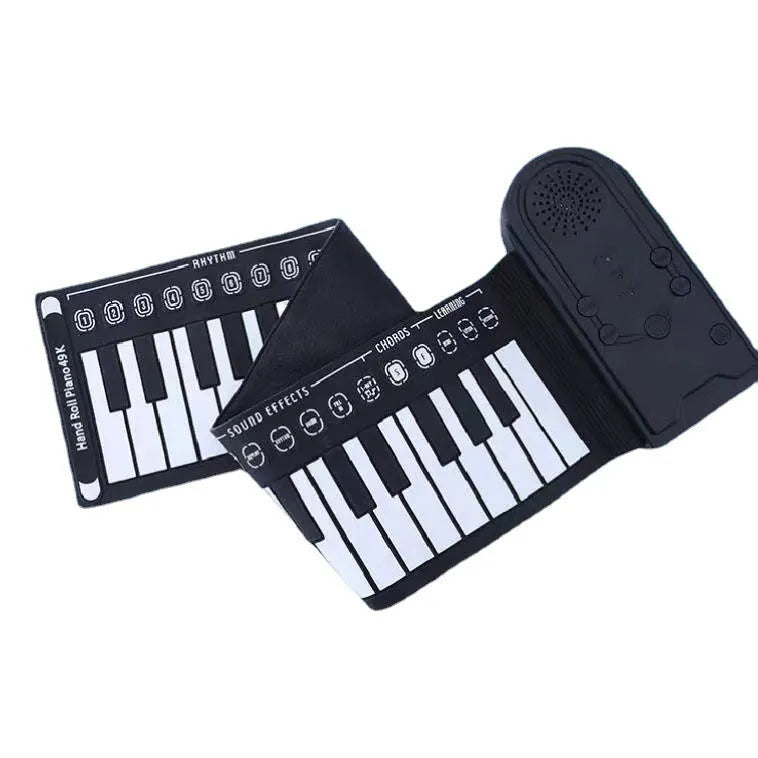 49-key portable folding electronic keyboard in gloss black, showing folded and unfolded positions