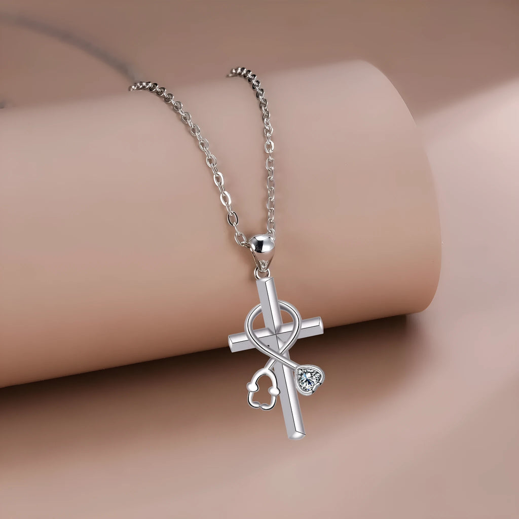 Copper stethoscope pendant necklace with electroplated finish on cross chain
