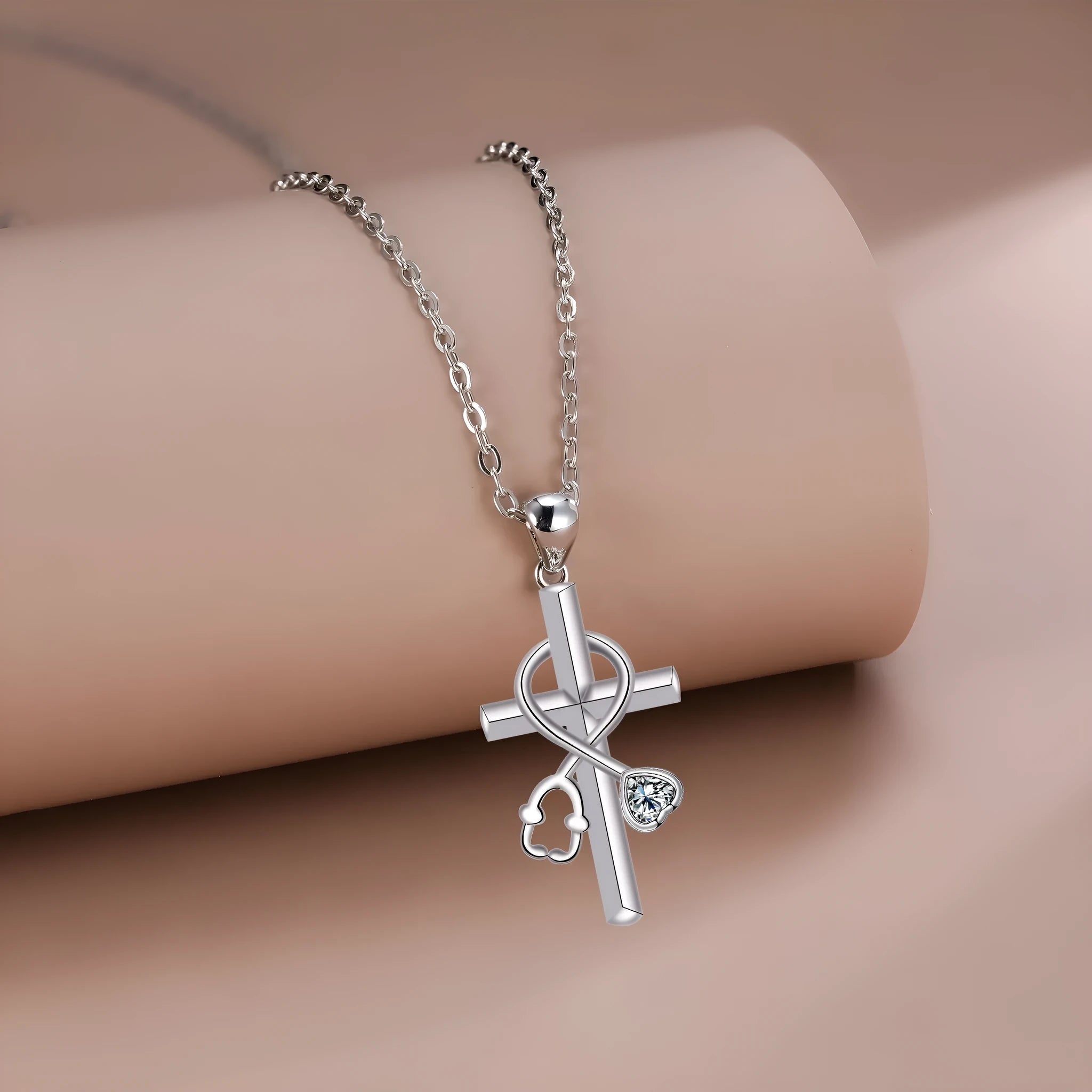 Copper stethoscope pendant necklace with electroplated finish on cross chain