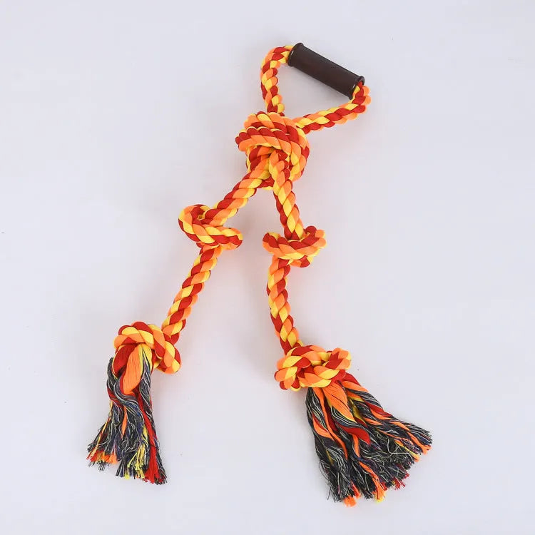 Blue and yellow woven cotton rope dog toy with a handle for large breed tug of war