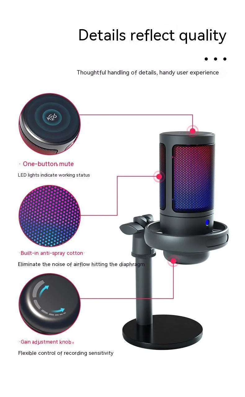 RGB USB condenser microphone for computer streaming and recording with 150cm cable