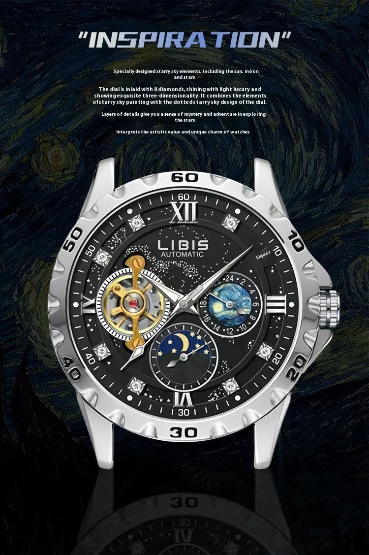 Men's silver automatic mechanical watch with starry dial, black genuine leather strap, and transparent case back showing movement