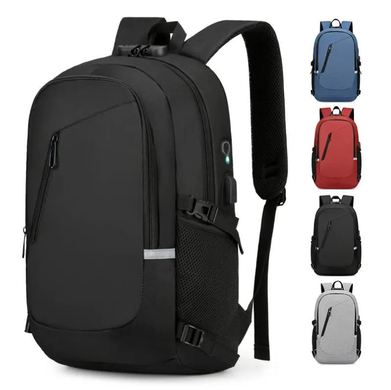Oxford cloth computer backpack in blue colour showing front storage compartment and adjustable shoulder straps