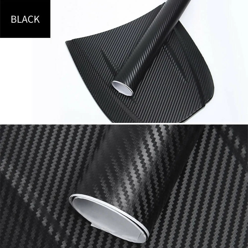 Roll of black 3D carbon fibre texture adhesive sticker for car decoration, showing textured pattern.