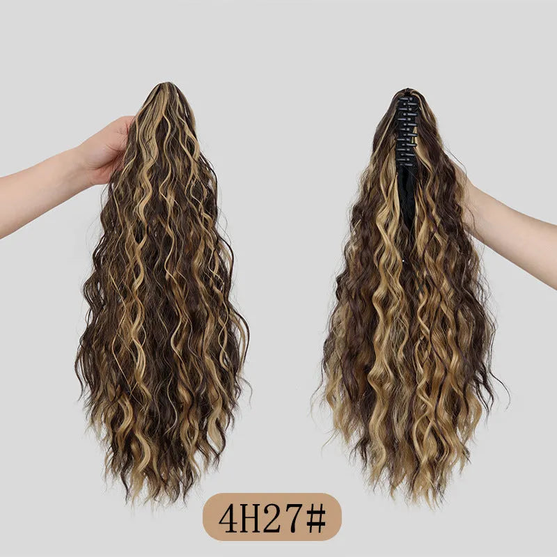 Synthetic corn curler wig with a textured water ripple grip ponytail, shown in a dark brown colour.