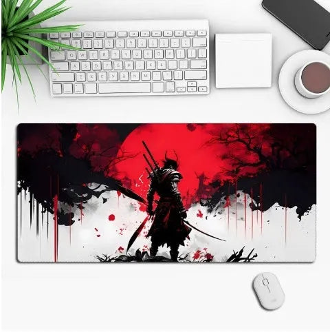 Large customisable anime gaming mouse pad with non-slip rubber base on a desk.