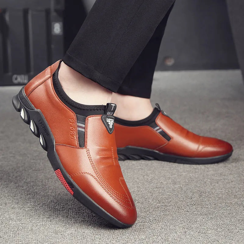 Men's black and brown PU leather business casual shoes with flat heel design