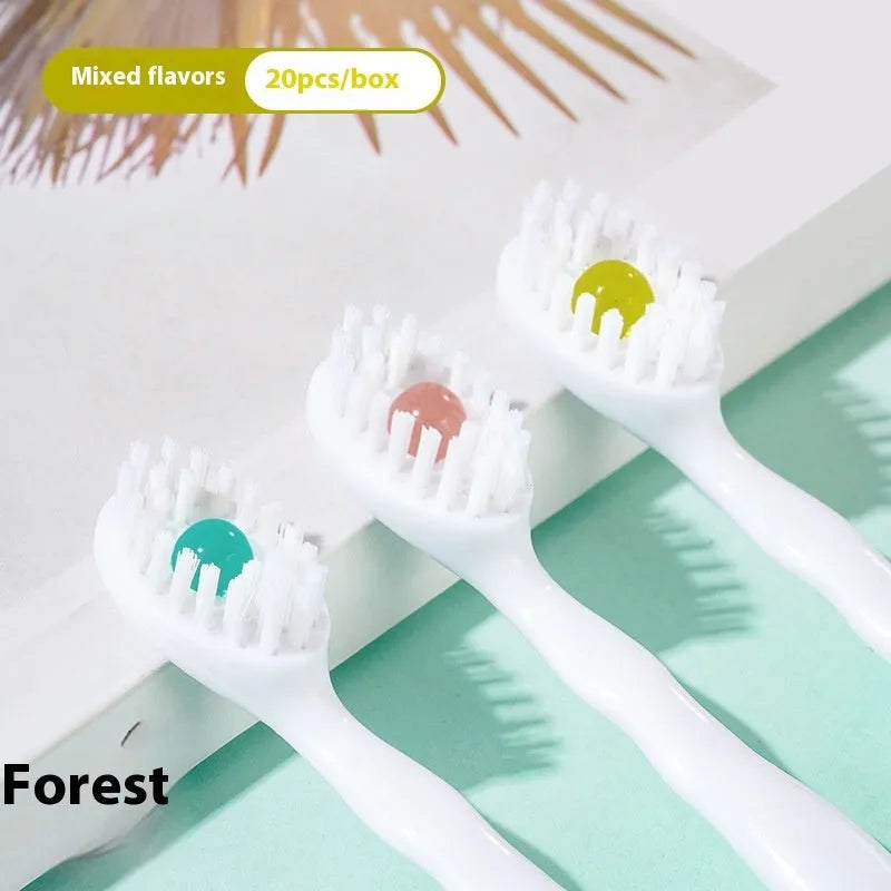 Box of 20 disposable bead toothbrushes in mint, peach, green tea and mixed flavours for travel.