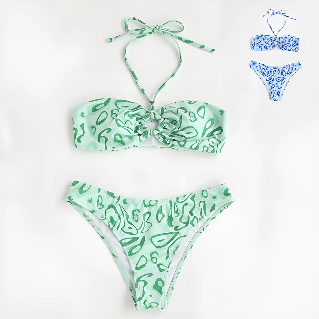 Women's floral bandeau bikini swimsuit in blue with split hipster design
