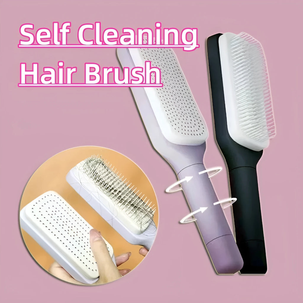 Self-cleaning hairbrush with rotating handle in Roland purple colour showing anti-static teeth and massage comb function