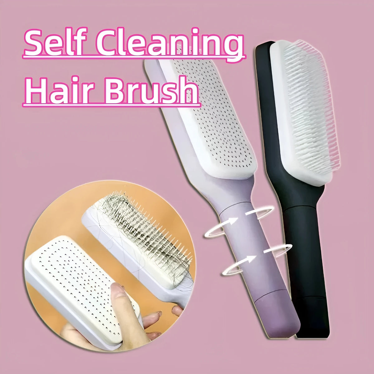 Self-cleaning hairbrush with rotating handle in Roland purple colour showing anti-static teeth and massage comb function