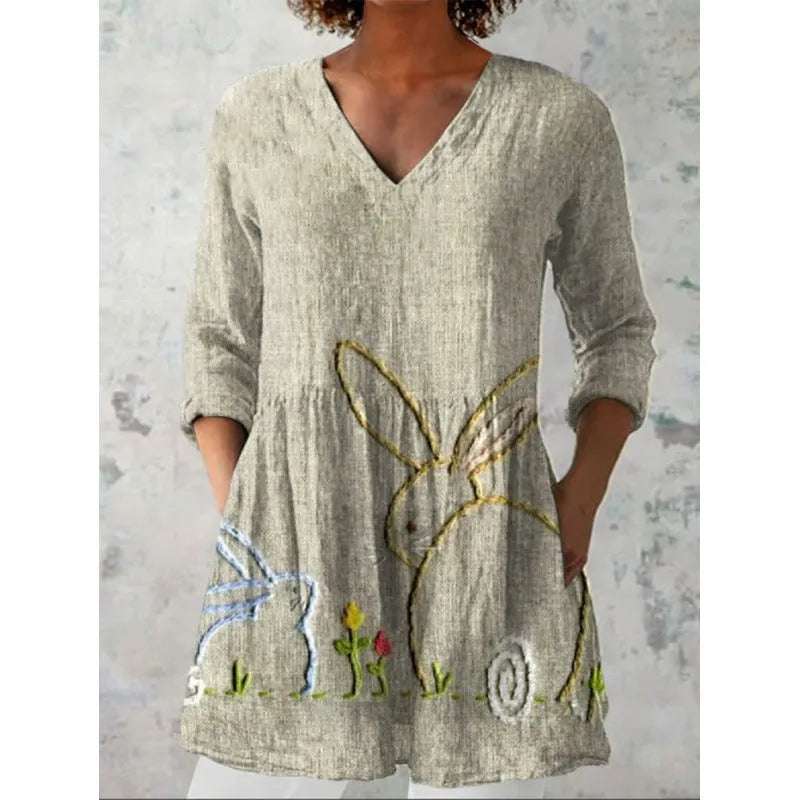 Women's printed loose dress with wave pattern, 3/4 sleeves, and wide waist design