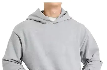 Men's grey fleece-lined cotton hoodie with wool lining, pullover style with threaded long sleeves