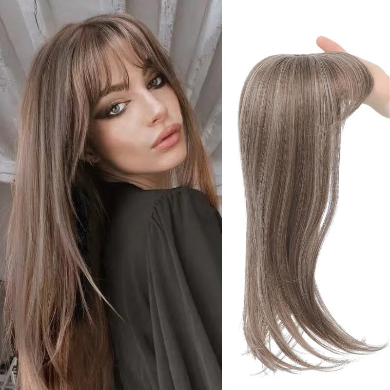 Synthetic wig hairpiece with inner buckle clip for extensions, shown in one of six style colours.