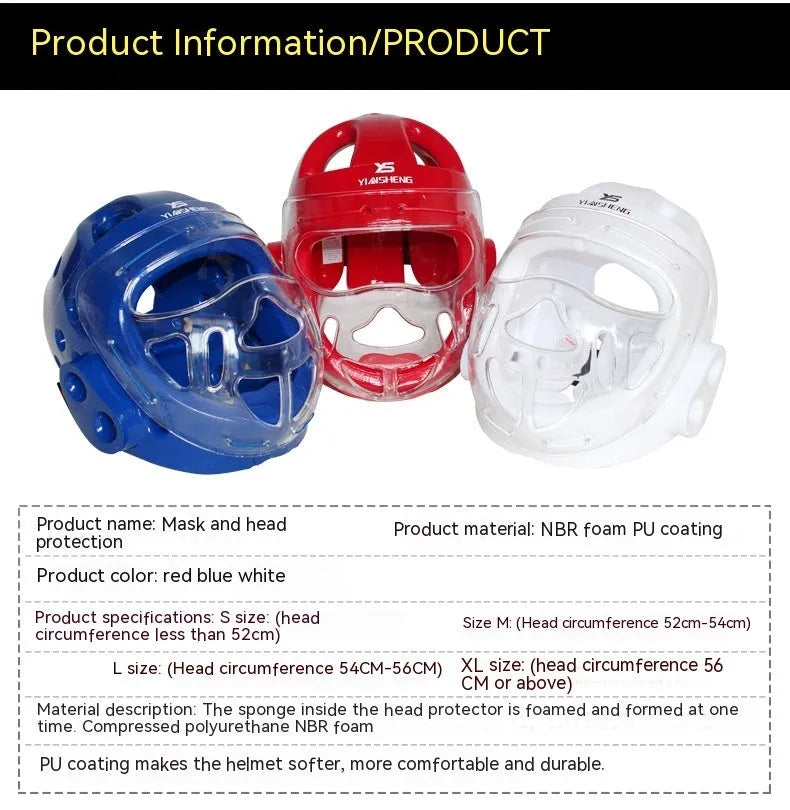Karate helmet protective equipment in white, blue, or red colour with S, M, L, XL sizing options