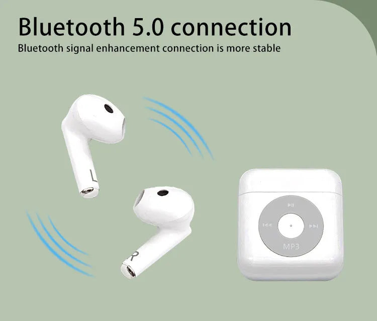 White wireless Bluetooth earphones with semi in-ear design and a matching white charging case.