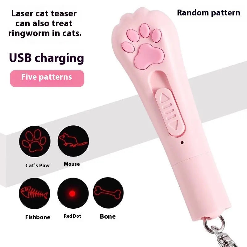 Electronic cat teaser with illuminated wand in cream white, pink, and blue colour options