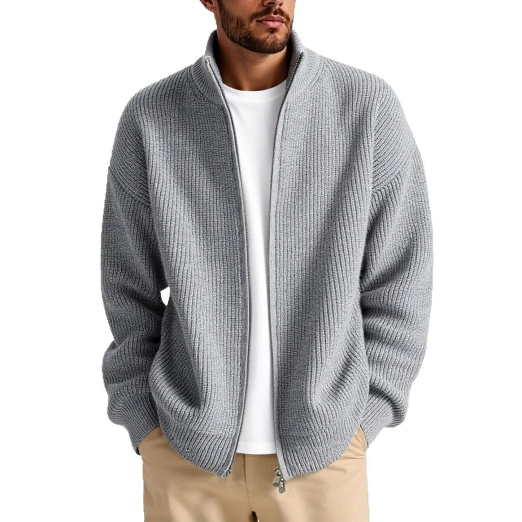 A loose-fitting men's cardigan sweater in a chemical fibre blend, shown in one of five available colours.