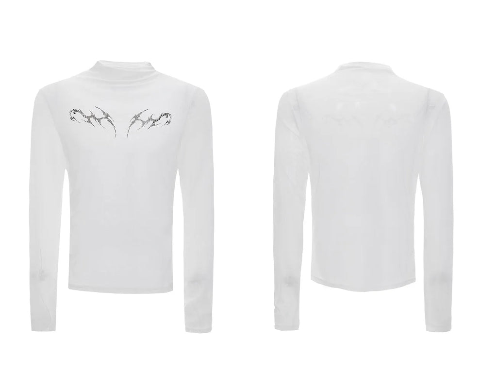 Black slim fit long sleeve niche mesh shirt for men on a white background