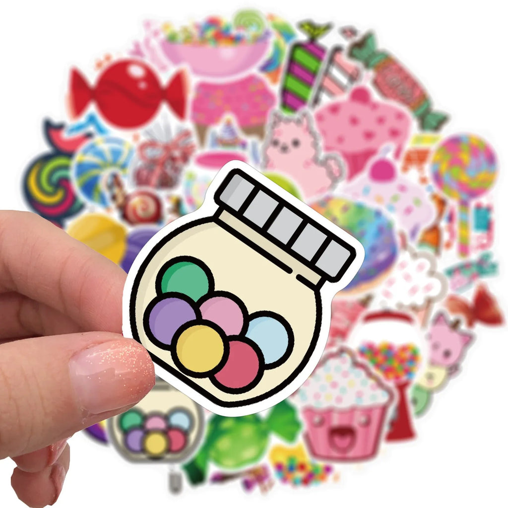 Pack of 50 pink candy-themed graffiti and cartoon stickers on a white background.