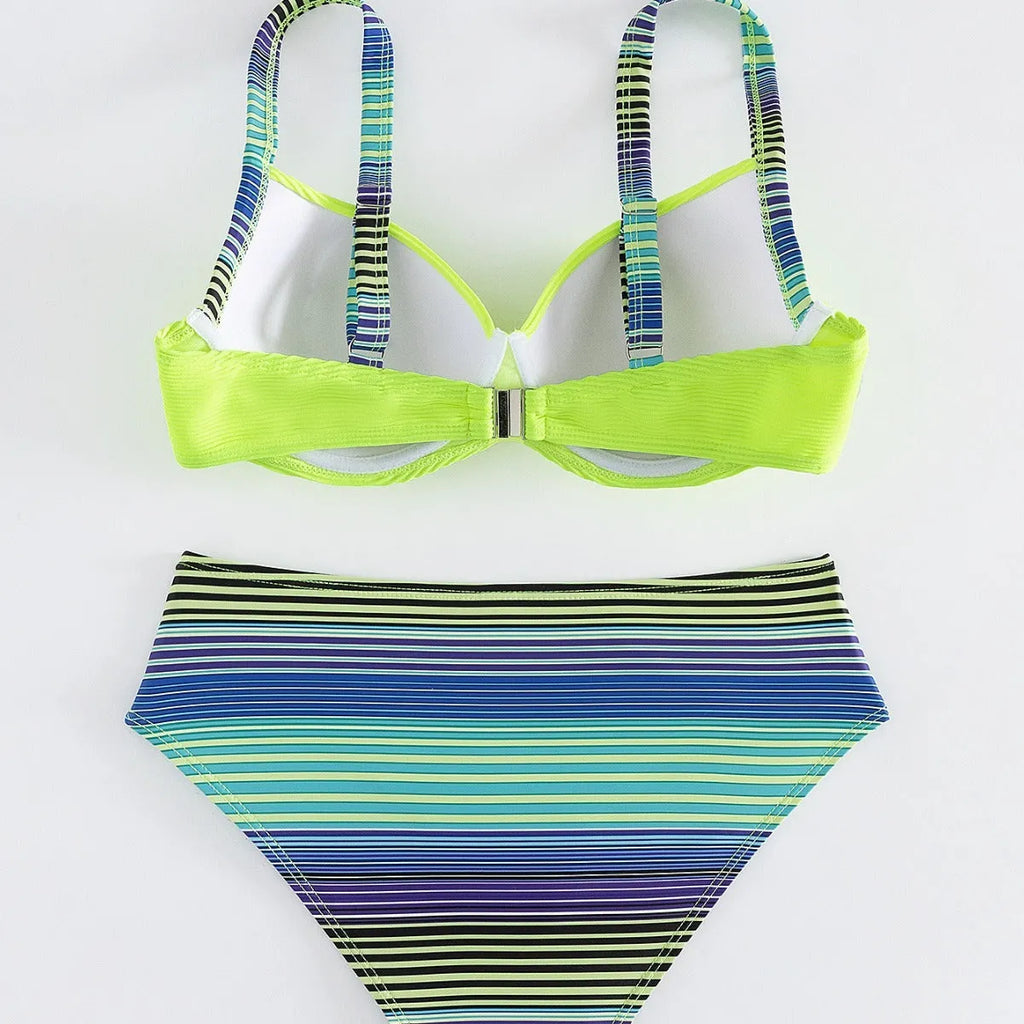 Green women's halter bikini set with sleeveless top and split briefs on a mannequin.