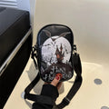 Halloween graffiti crossbody bag with pumpkin ghost bat print in black colour