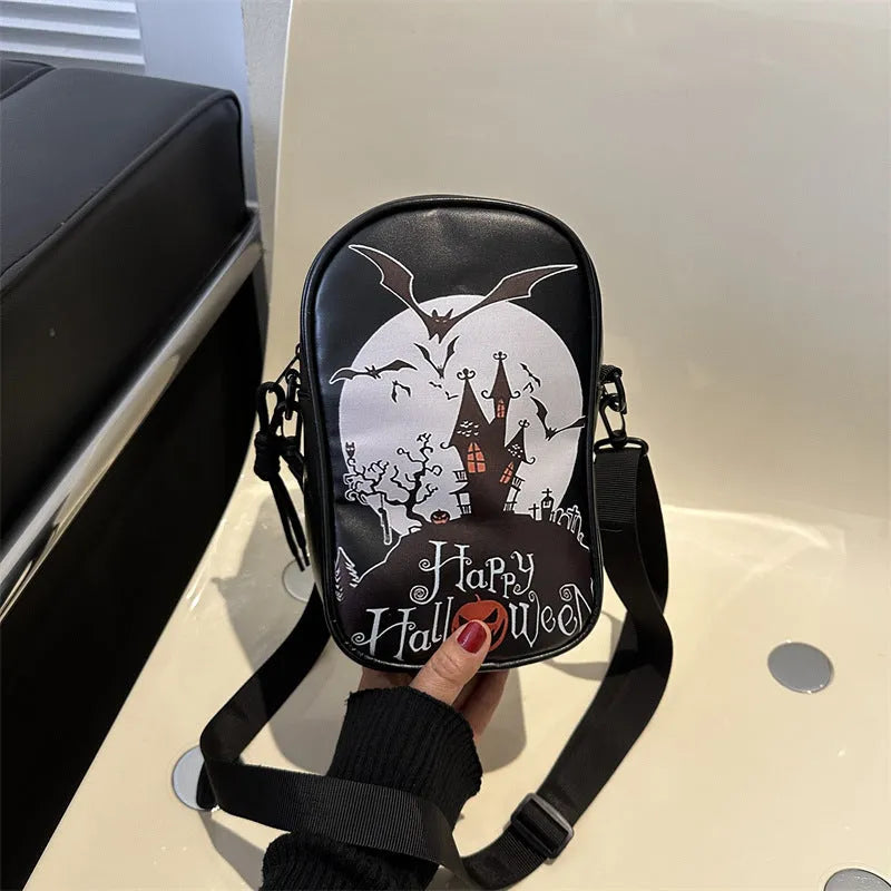 Halloween graffiti crossbody bag with pumpkin ghost bat print in black colour