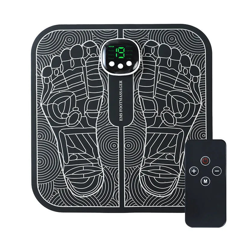 Blue USB rechargeable reflexology foot massager mat with remote control on a wooden floor