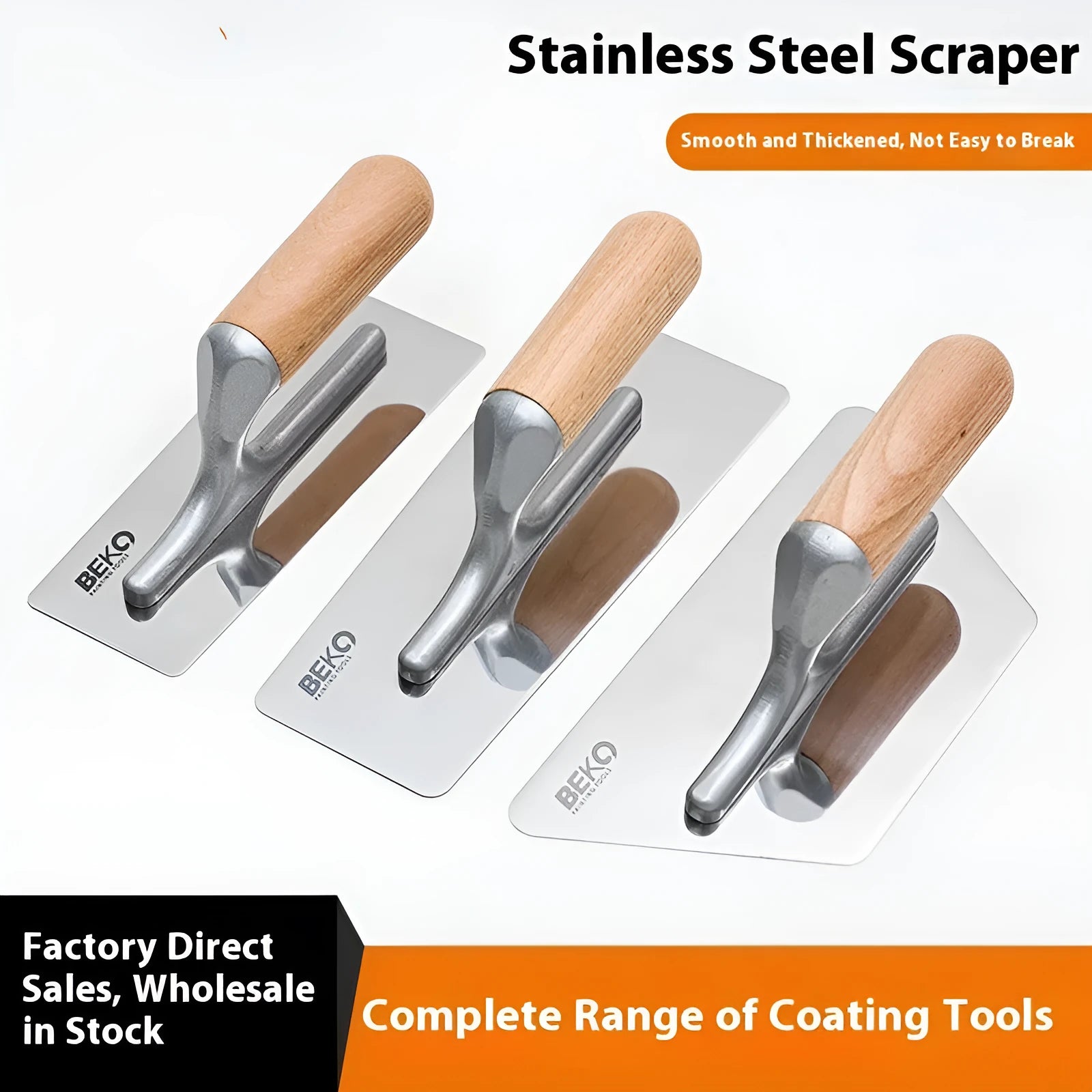 Stainless steel putty scraper tool with wooden handle for decorative floor and wall plastering work