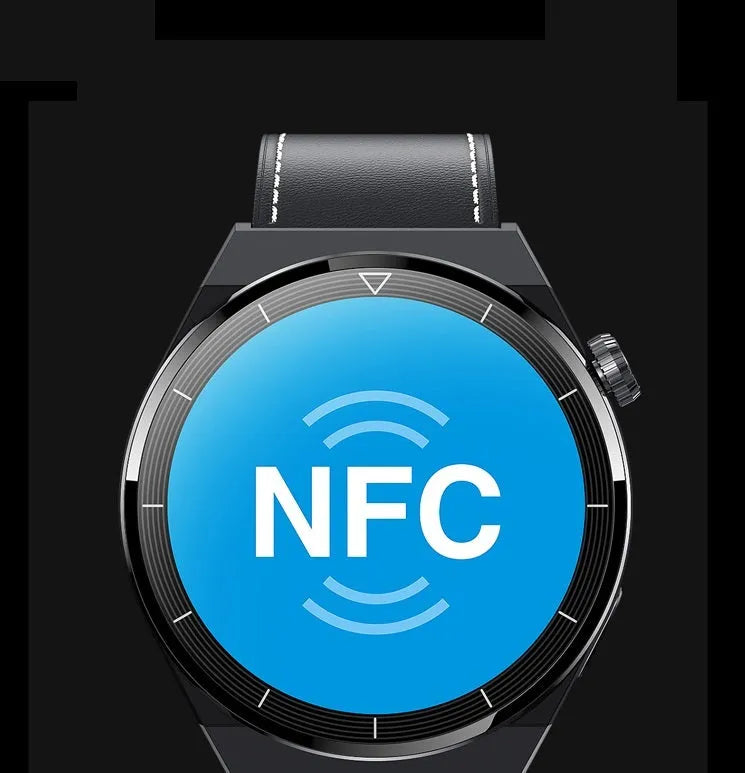 Black Android smart watch with round dial and silicone strap on wrist, showing home screen.