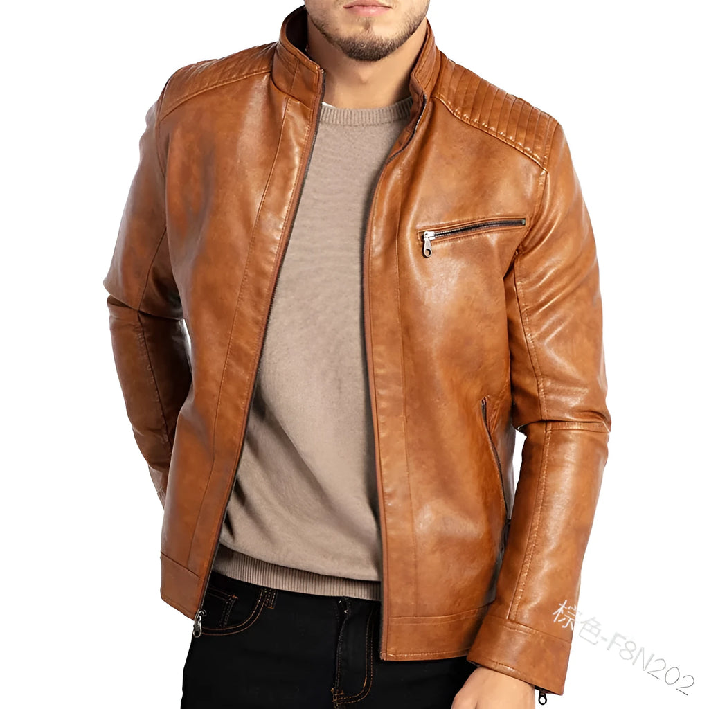 Men's brown artificial leather punk motorcycle jacket with a stand collar and patch pocket.