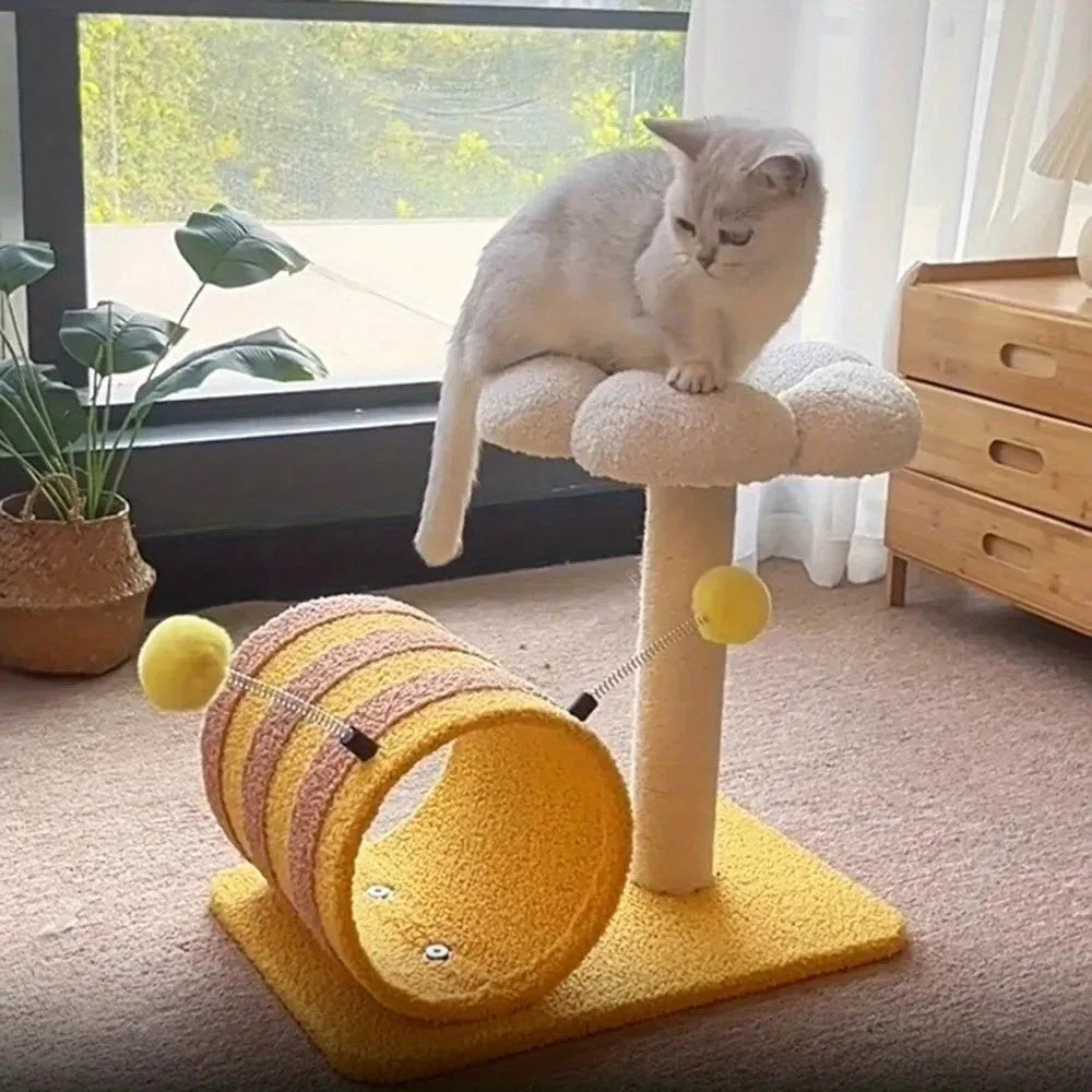 Yellow cat scratching post and climbing frame with sisal board and integrated tunnel.