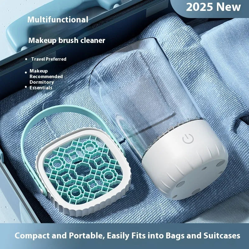 White rechargeable electric makeup brush cleaner with plastic housing and USB cable
