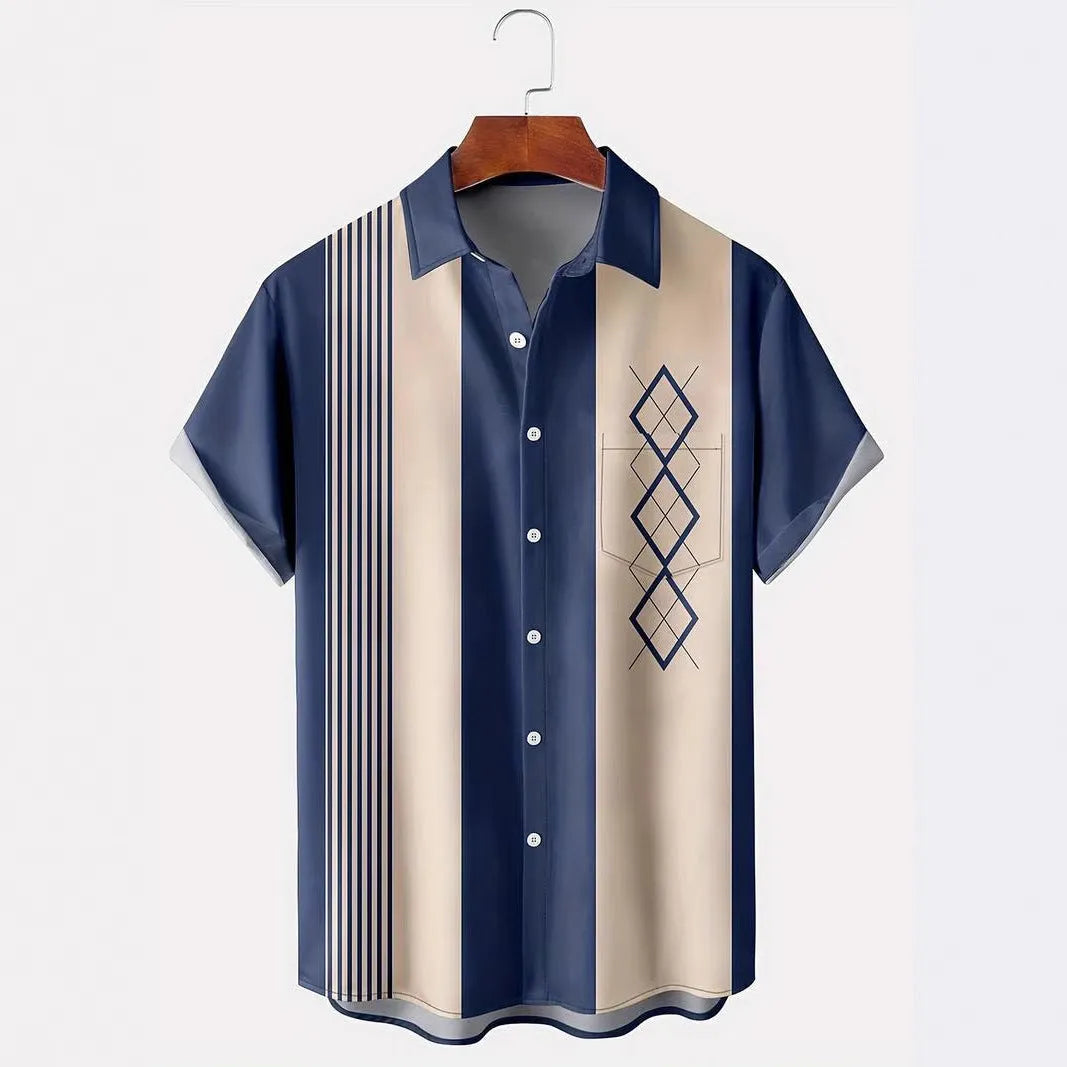 Men's loose fit plaid short-sleeved shirt with lapel in polyester fabric