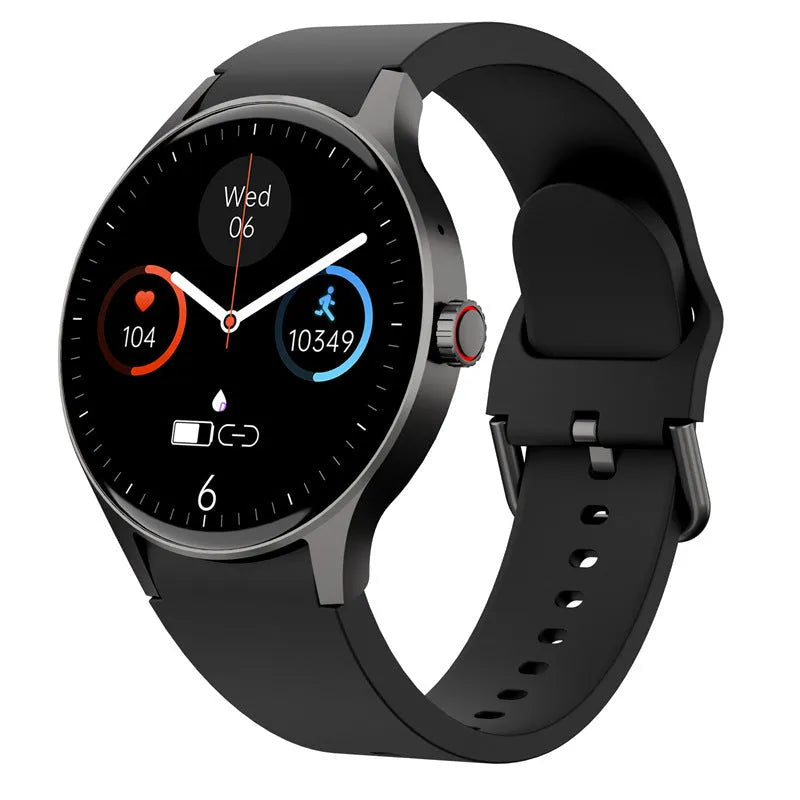 Black unisex smart sport watch with a round touchscreen on a wrist.