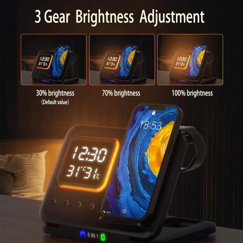 Black wireless charging station with digital clock display showing time and temperature, charging smartphone and smartwatch