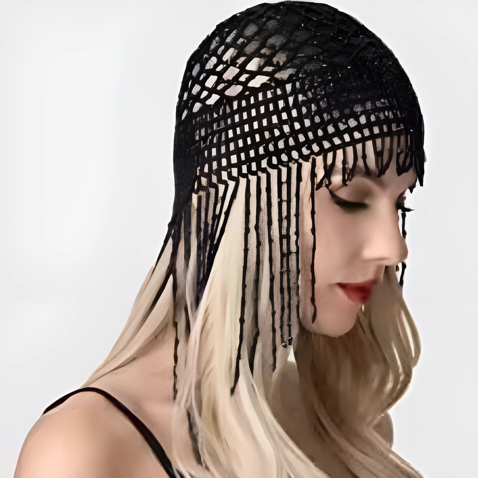 Belly dance hat with alloy tile and beaded tassels in black or silver finish