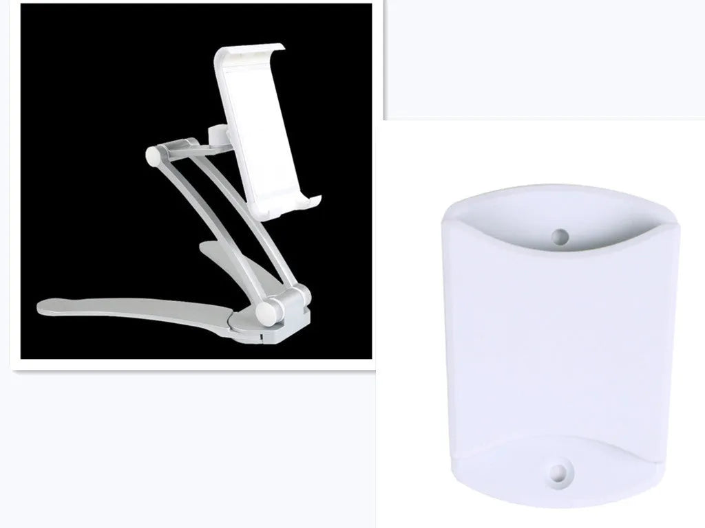 Silver and white aluminum alloy desktop stand holding a tablet at an adjustable angle.