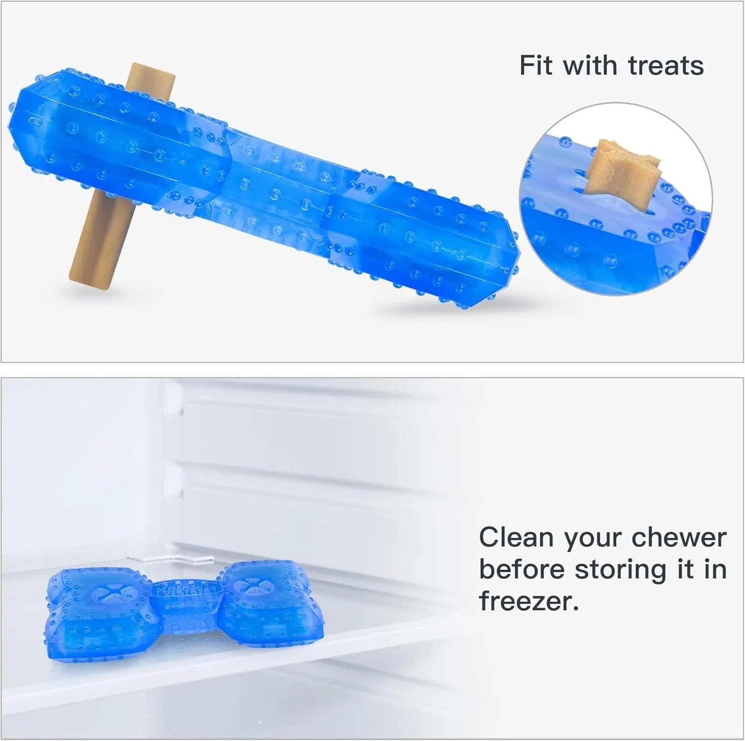 Freezable bone-shaped and circle-shaped dog cooling chew toy filled with purified water.
