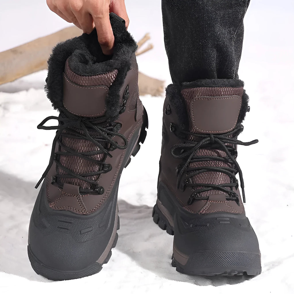 Black plus size men's high-top boots with fleece lining, flat heel, and front lace-up design on a ribbed TPR sole.