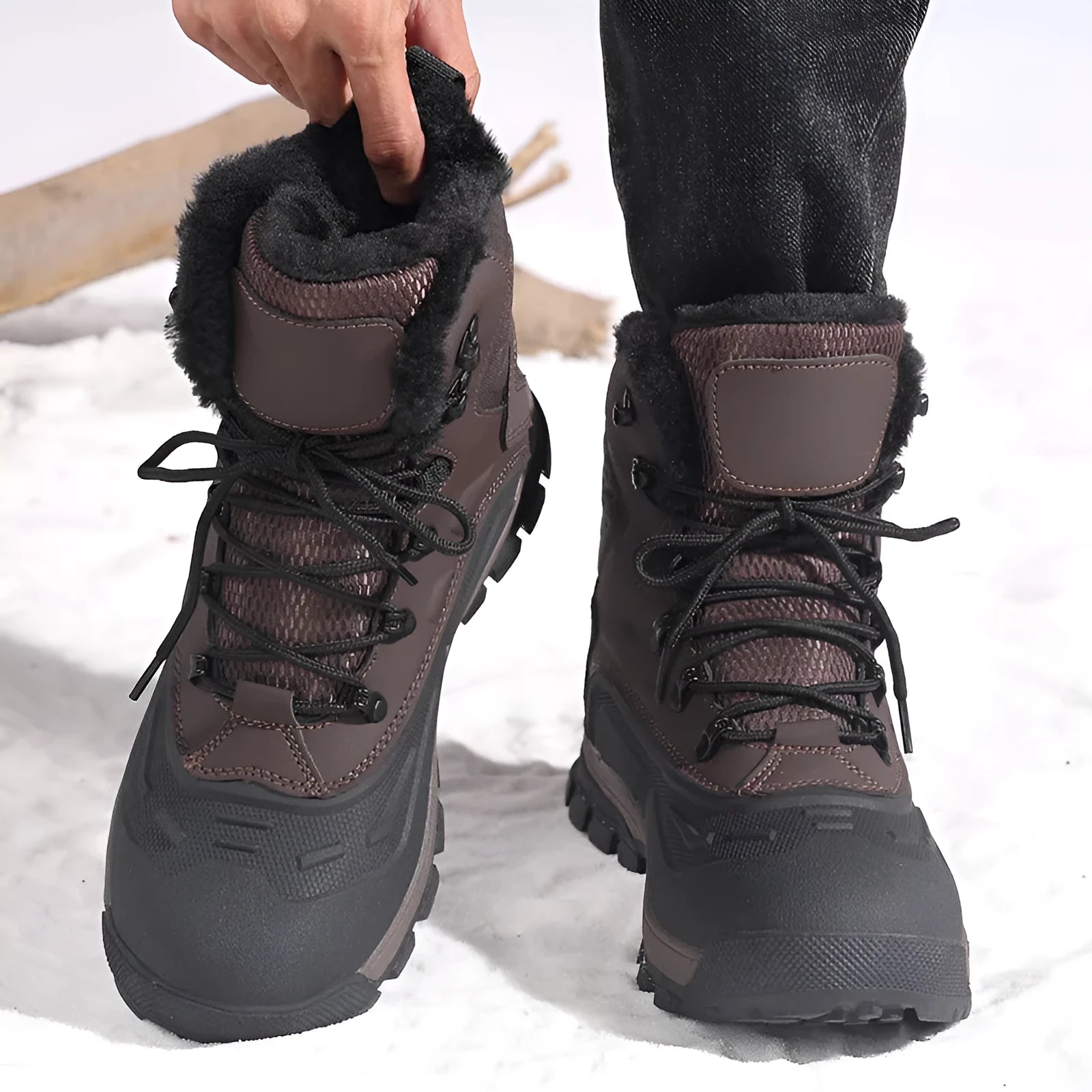 Black plus size men's high-top boots with fleece lining, flat heel, and front lace-up design on a ribbed TPR sole.