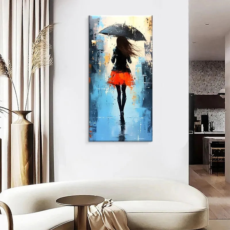 Hand-painted modern abstract people oil painting on canvas showing a walk in the rain, vertical single panel without frame