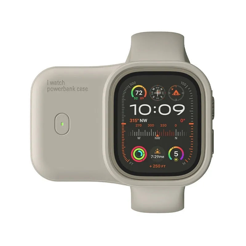 Apple Watch portable charging case in Brown, Midnight Blue, or Starlight colours with 1200mAh battery