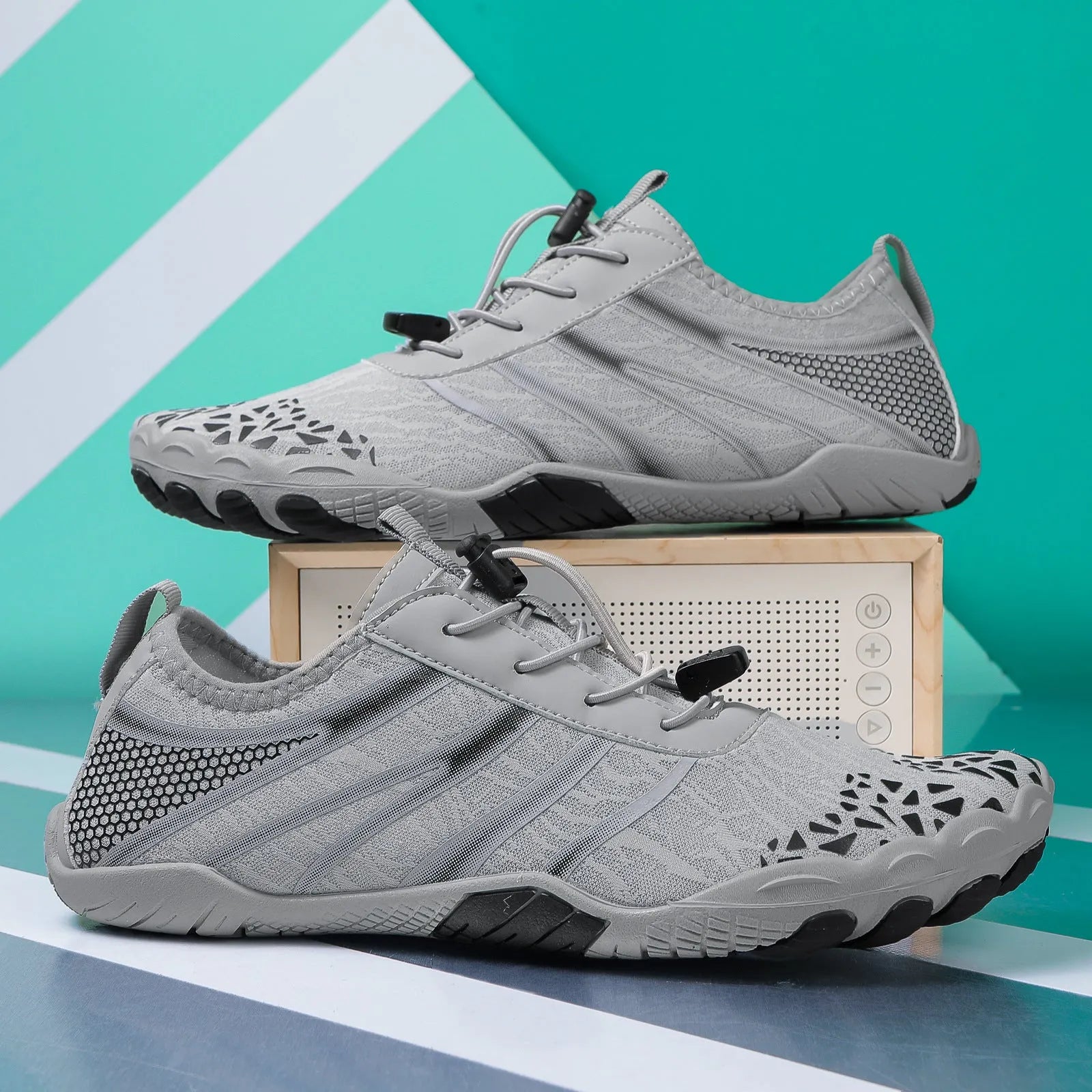 Beach running shoes with Lycra stretch fabric upper in various colours, showing casual design.
