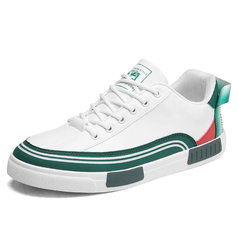 Men's breathable mesh and canvas casual shoes in white and green with flat heel and round toe design