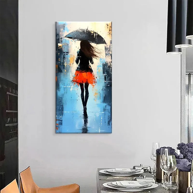 Hand-painted modern abstract people oil painting on canvas showing a walk in the rain, vertical single panel without frame