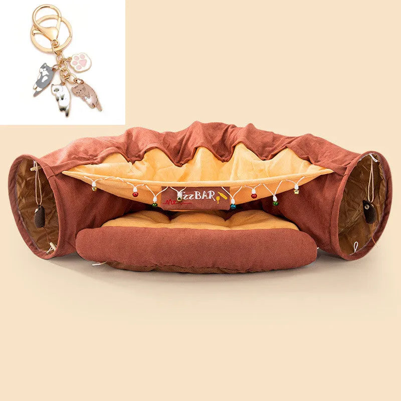 Collapsible cloth cat tunnel in Bar colour, showing dimensions of 45cm by 50cm by 22cm.