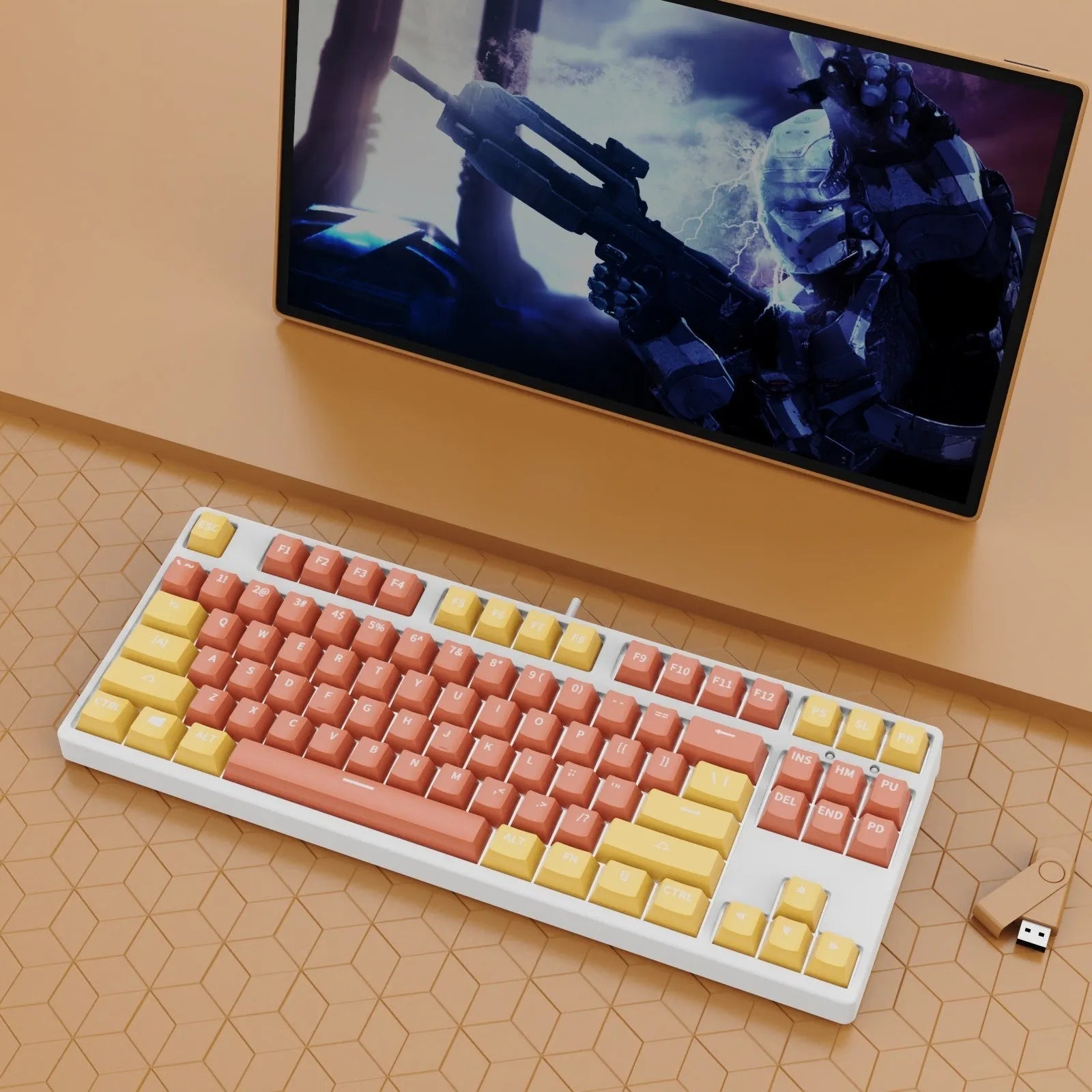 87 key wired mechanical keyboard with metal chassis shown in a black, orange, and yellow colour configuration.