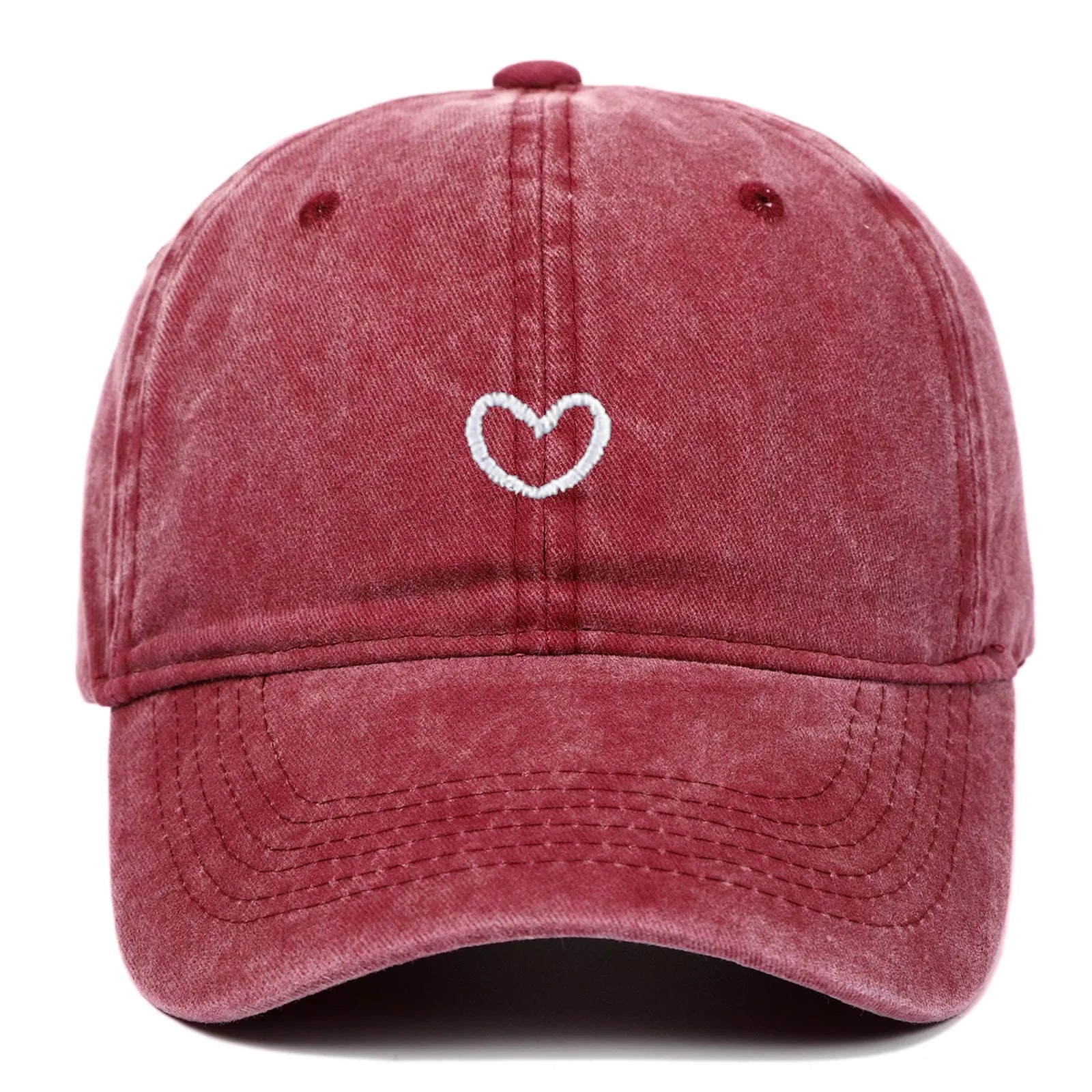 Retro-style cotton baseball cap with embroidered 'love' word, shown in an adjustable size.
