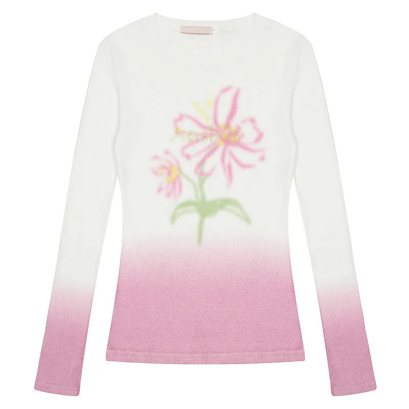 Women's long sleeve T-shirt with gradient flower print in yellow green colour.